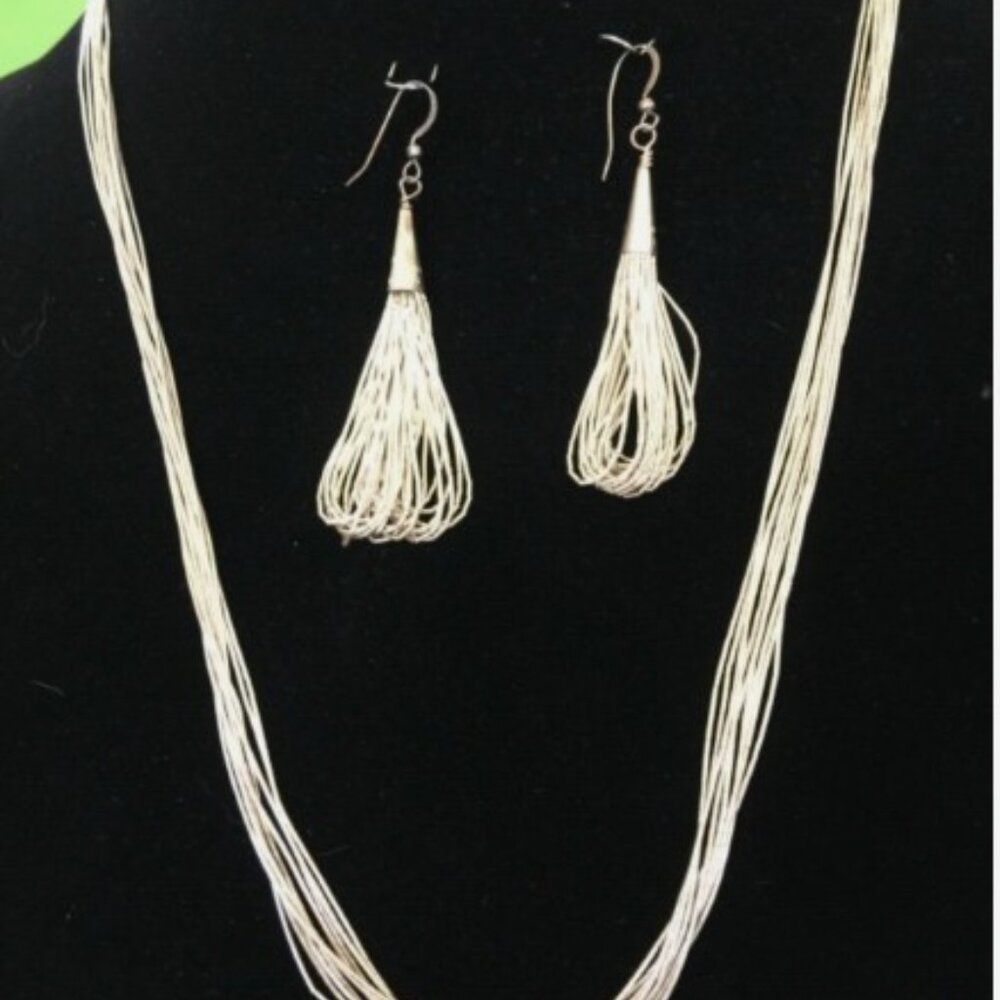 Liquid Silver 18"  Strand Necklace & Earrings - Native Indian